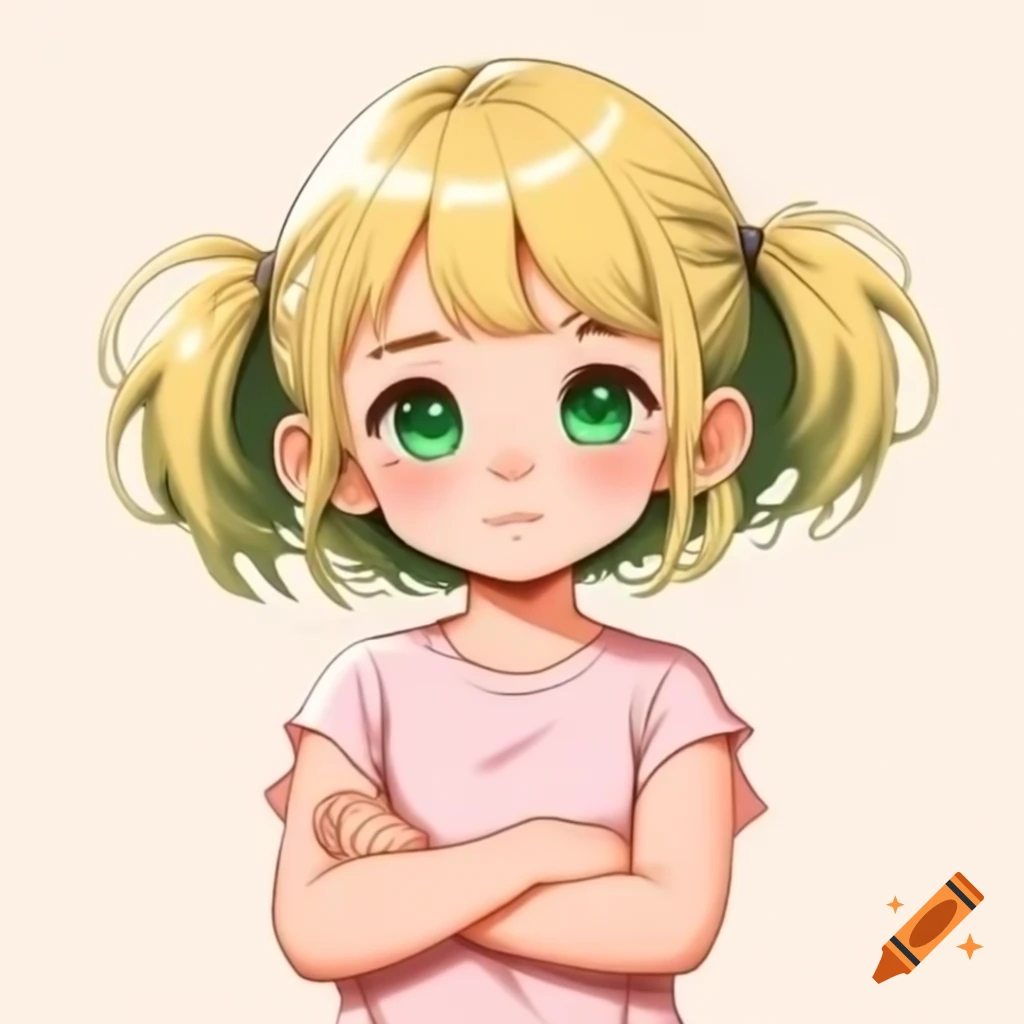 Anime girl with blonde hair and green eyes, wearing light pink t-shirt with arms crossed