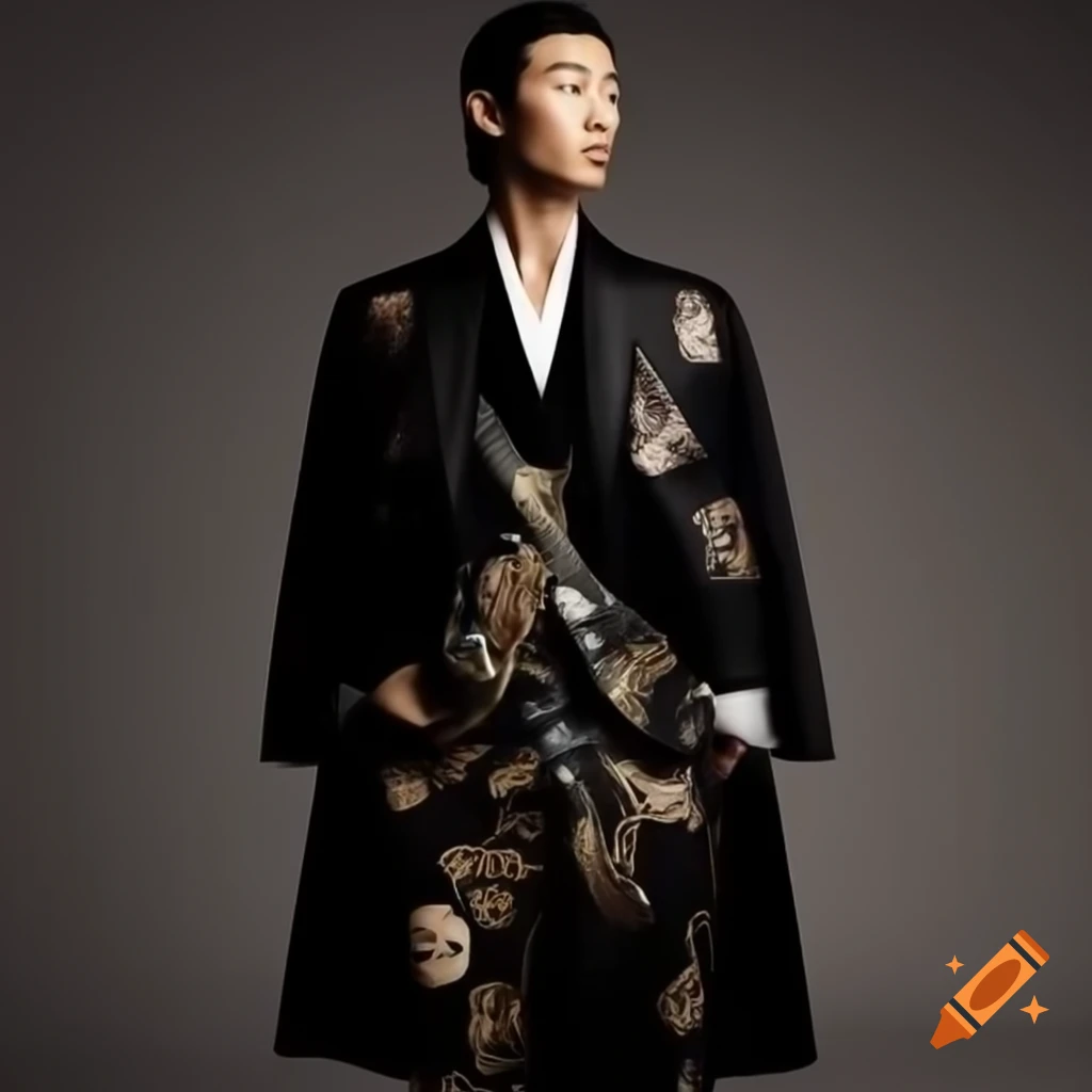 Model in luxurious tailored suits with modern Japanese-inspired prints