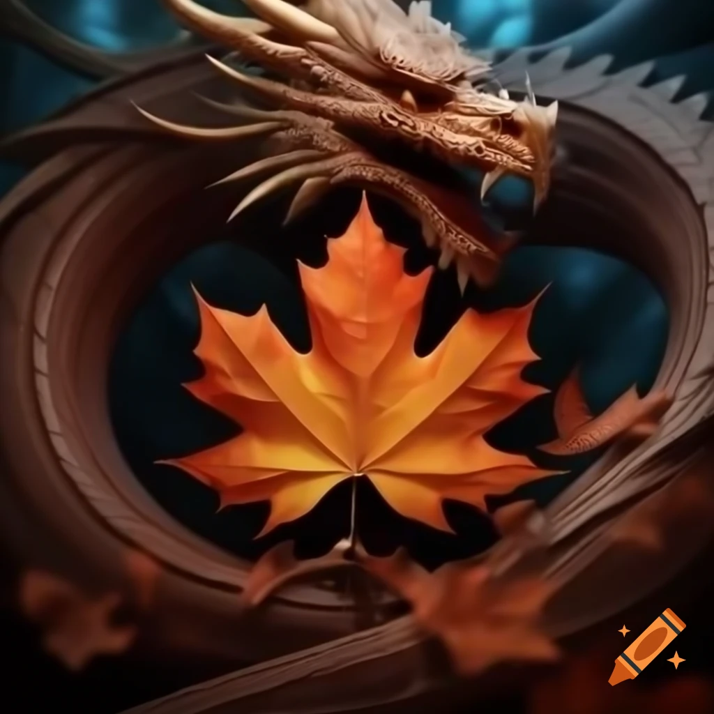 Maple leaf with a dragon in the background