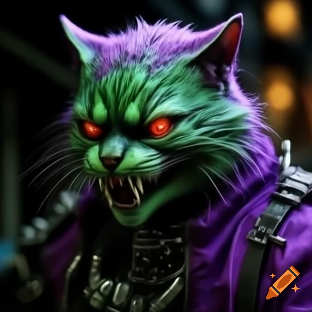 Detailed purple punk creature, half-cat half-monster with metal teeth, hunting in horror theme