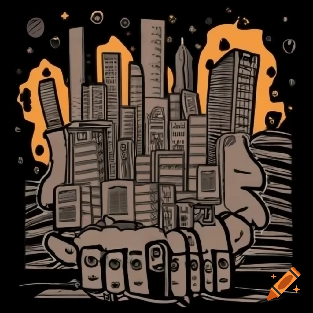 Apocalyptic city being drawn by diverse hands with pencils
