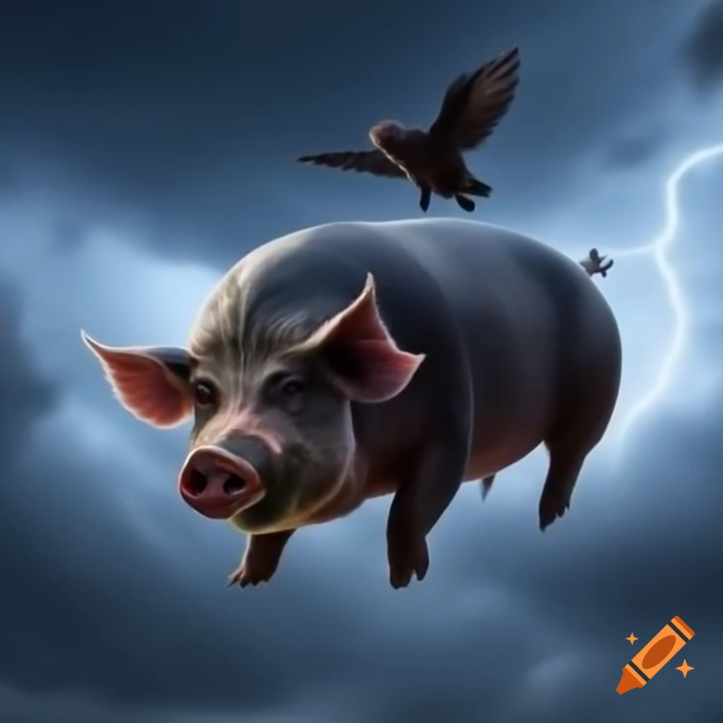 Flying pig in a stormy sky