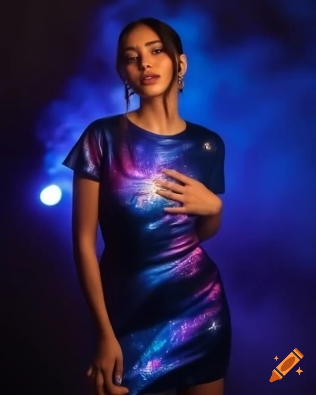 Woman in galaxy themed dress that lights up, fashion photography
