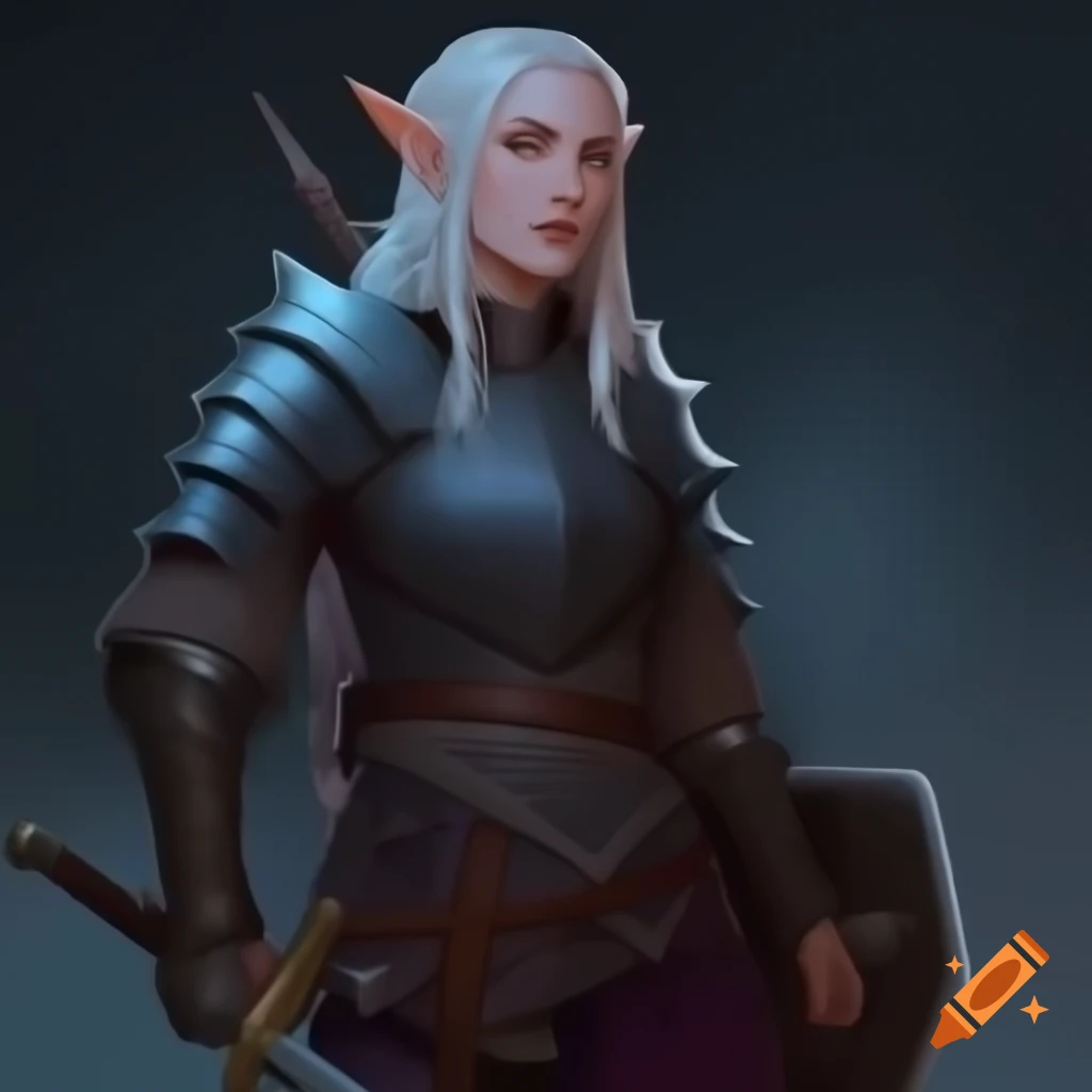 Elven woman fighter in chainmail armor with shield and shortsword, fantasy character