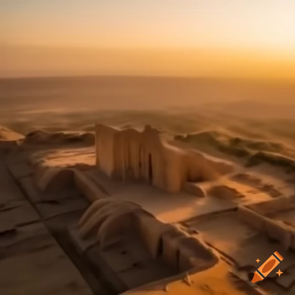 Cinematic wide-angle shot of Anatolia with ancient ruins illuminated by sunset