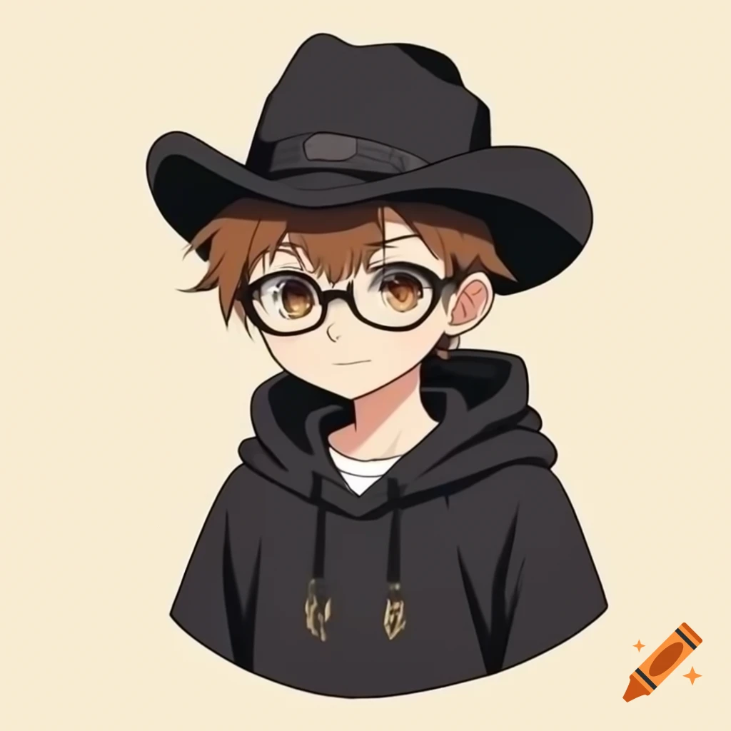 Anime boy with black cape, cowboy hat, and brown hair