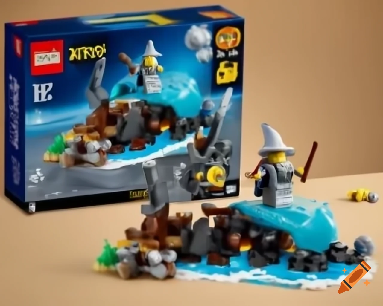 LEGO set featuring Gandalf surfing on lava with background box