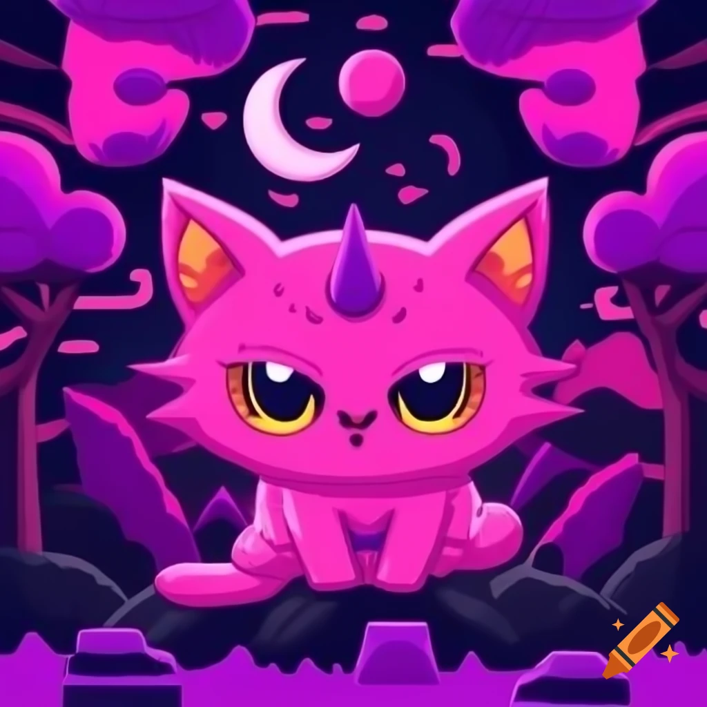 Cute devil-horned kitten in pink and purple themed hell scenery, anime style