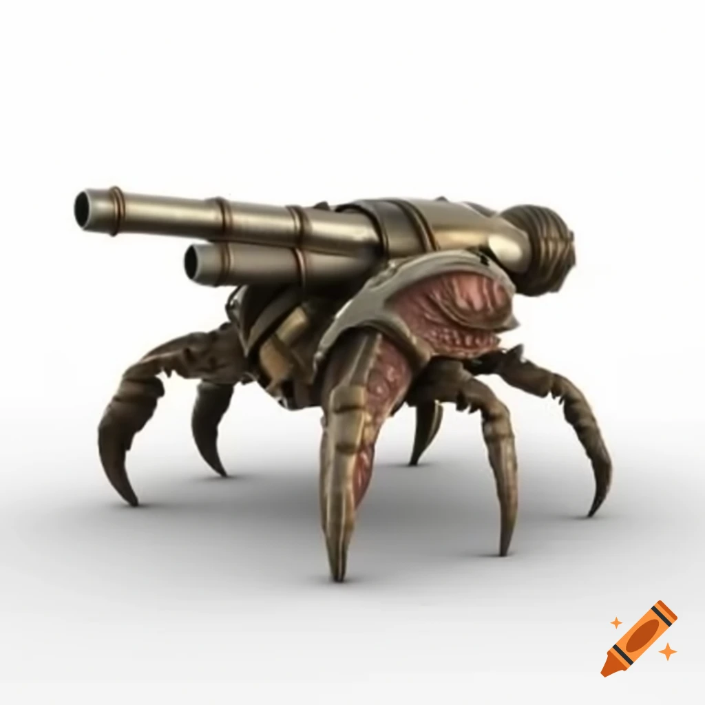 Biomechanical hermit crab cannon in H.R. Giger style against white background