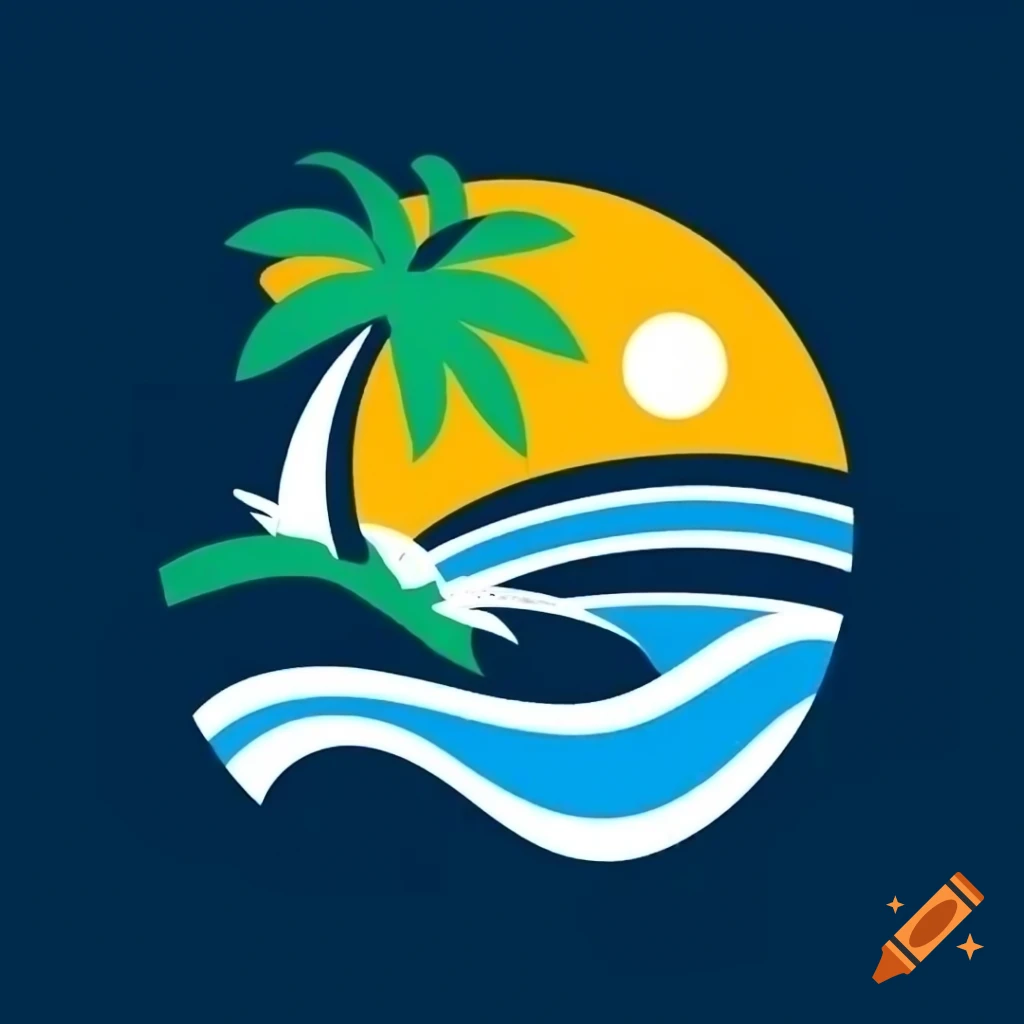 Vibrant logo representing summer with sun, blue waves, and palm tree