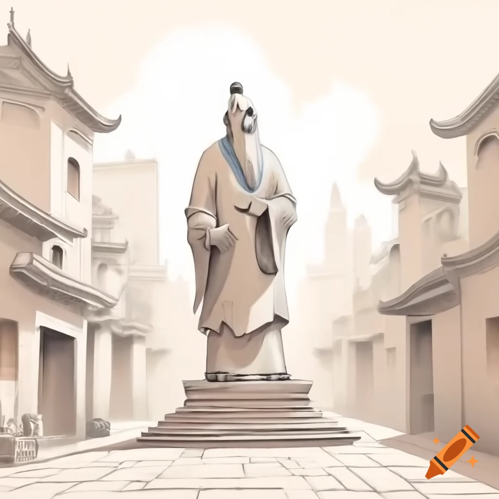 Detailed digital painting of marble statue of old man in fantasy Asian river city