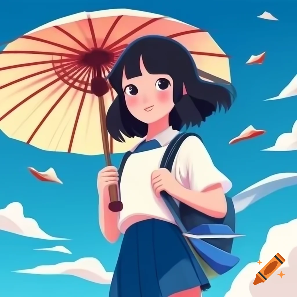 3D animated movie poster of Japanese girl with bangs and ponytail flying with umbrella