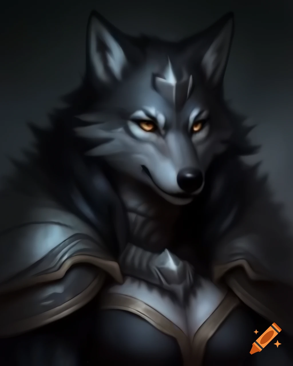 Stylized portrait of dark gray female wolf anthro in armor with silver circlet