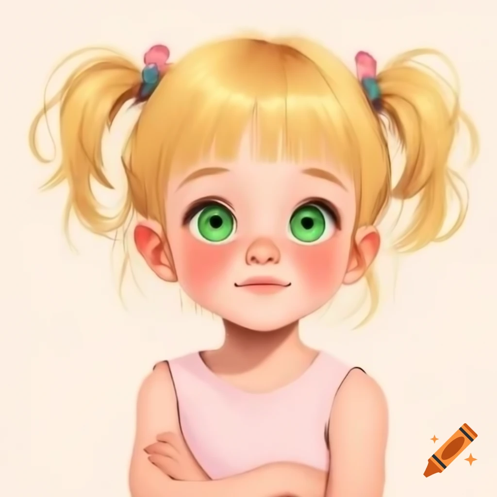 Anime girl with blonde hair and green eyes, wearing light pink t-shirt with arms crossed