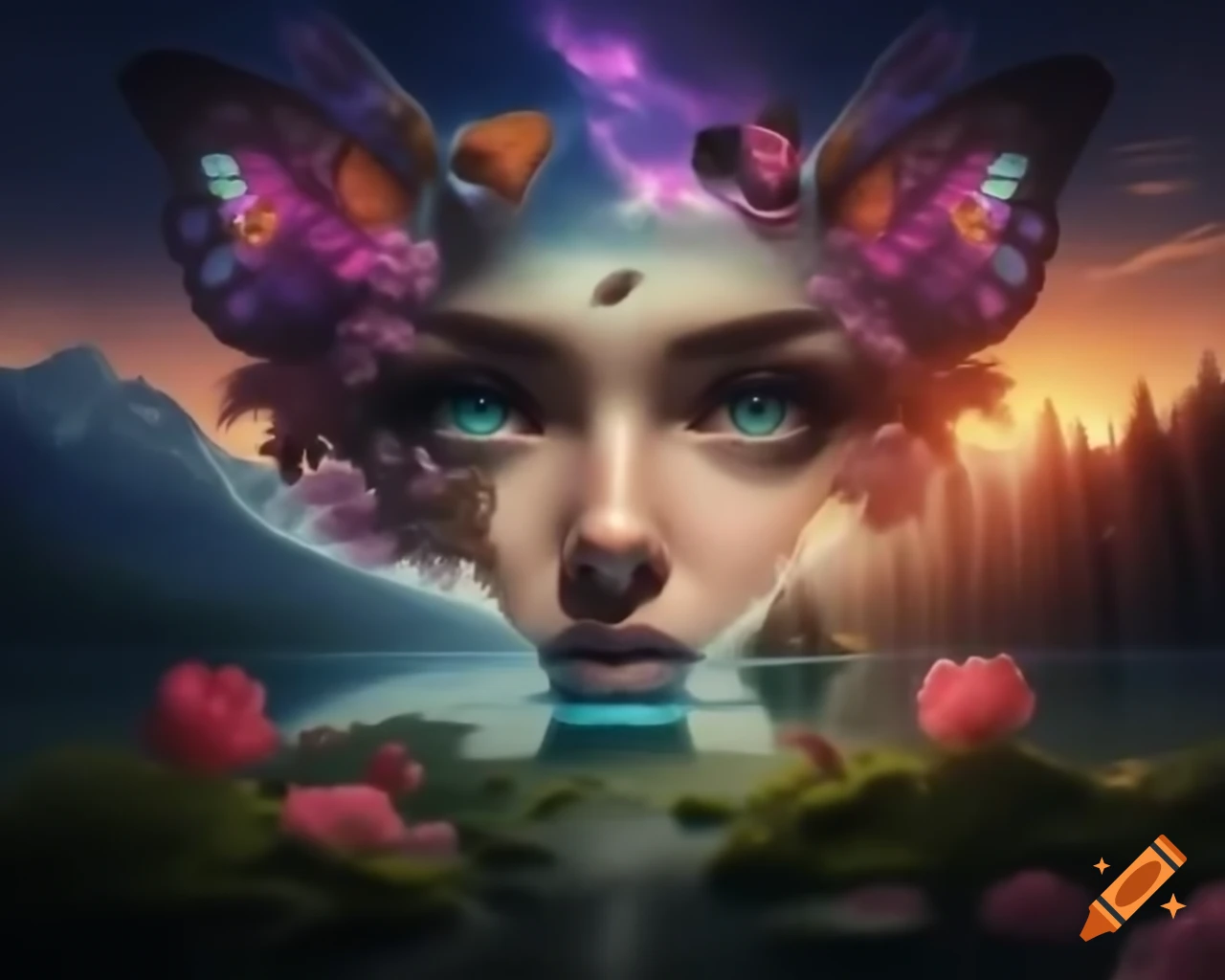 Surreal woman's face made of colorful flowers at mountain lake surrounded by forest