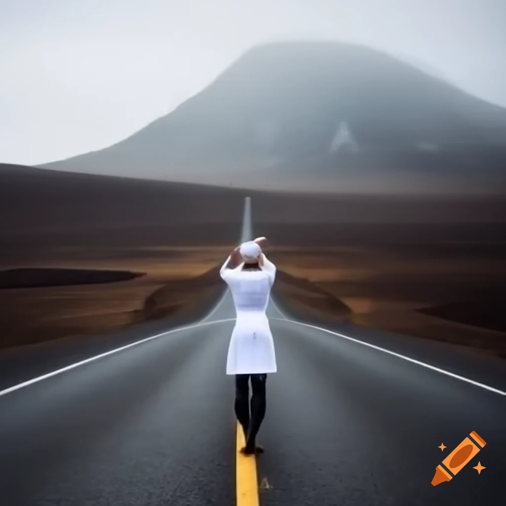 Girl in chef's uniform facing a steep road to a cold mountain