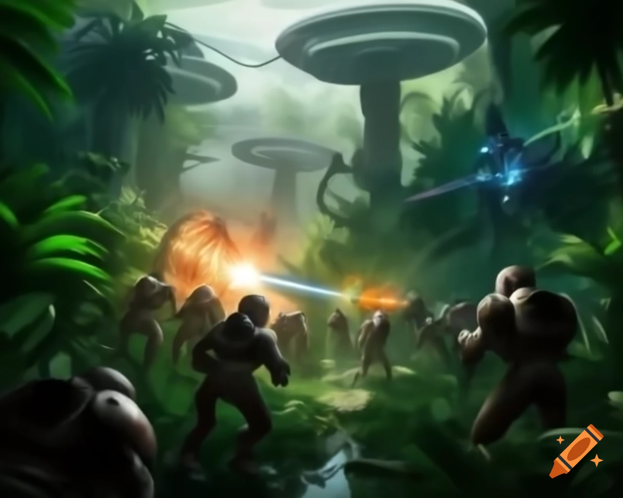 Sci-fi battle scene in jungle with numerous soldiers