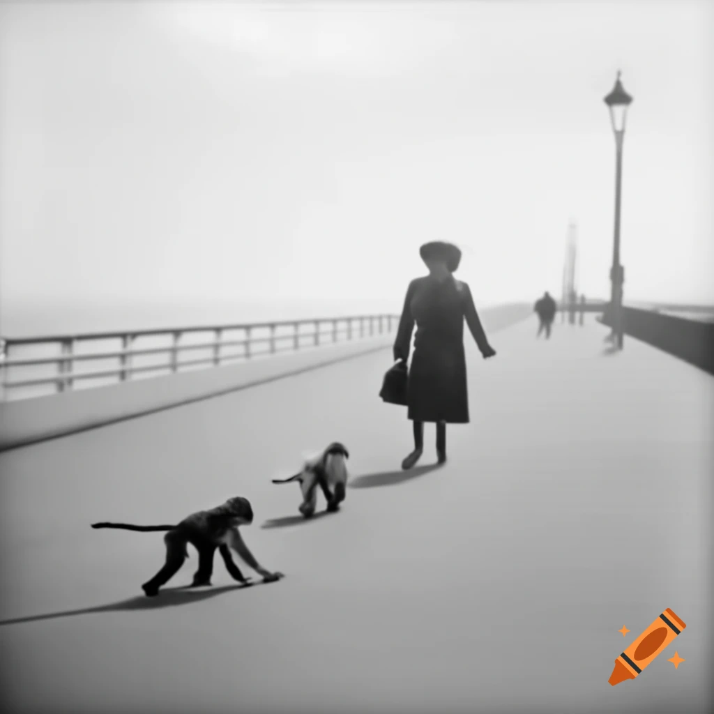 Hylda Baker strolling on seaside promenade with two pet monkeys