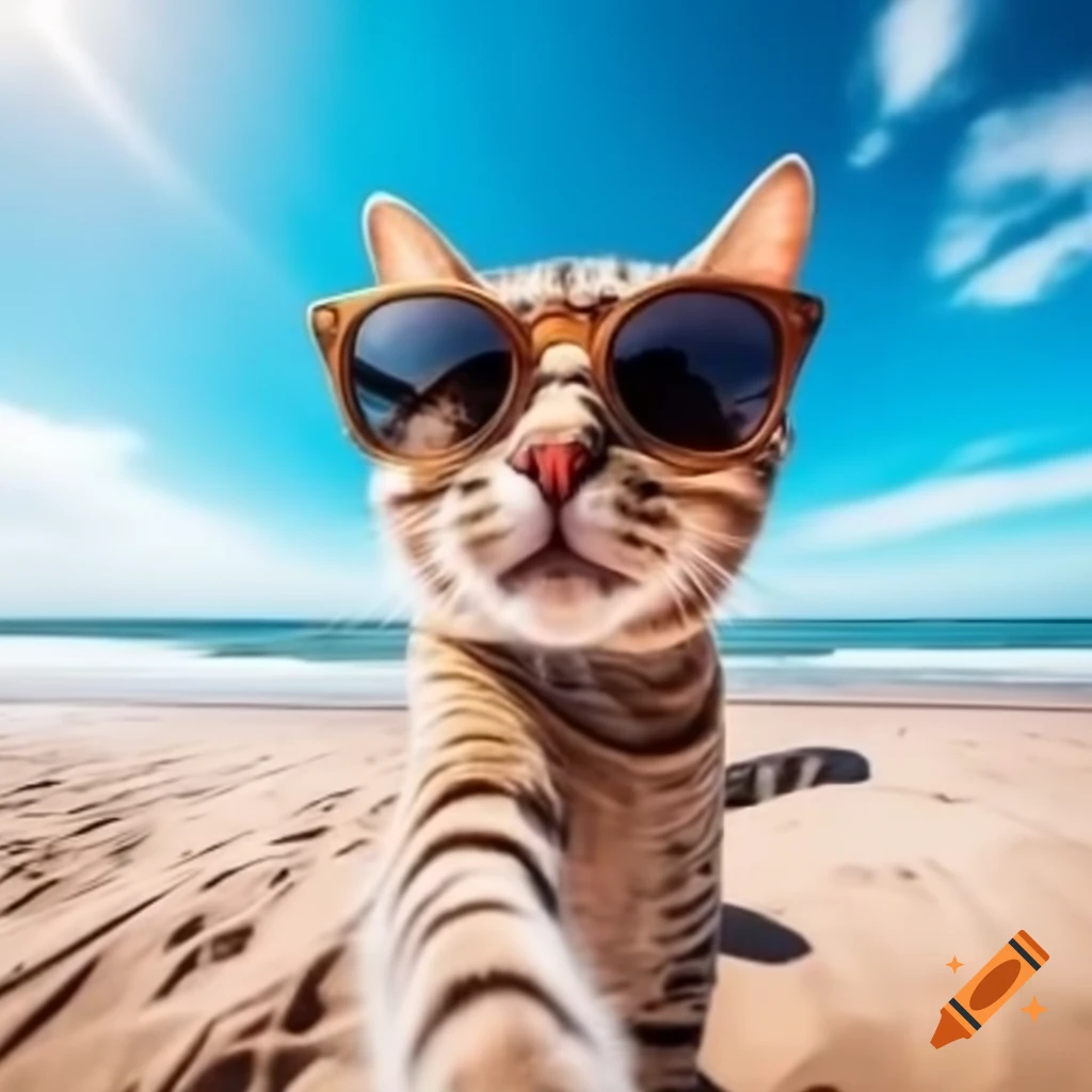 Cat at the beach wearing sunglasses, singing with ocean and sun in background