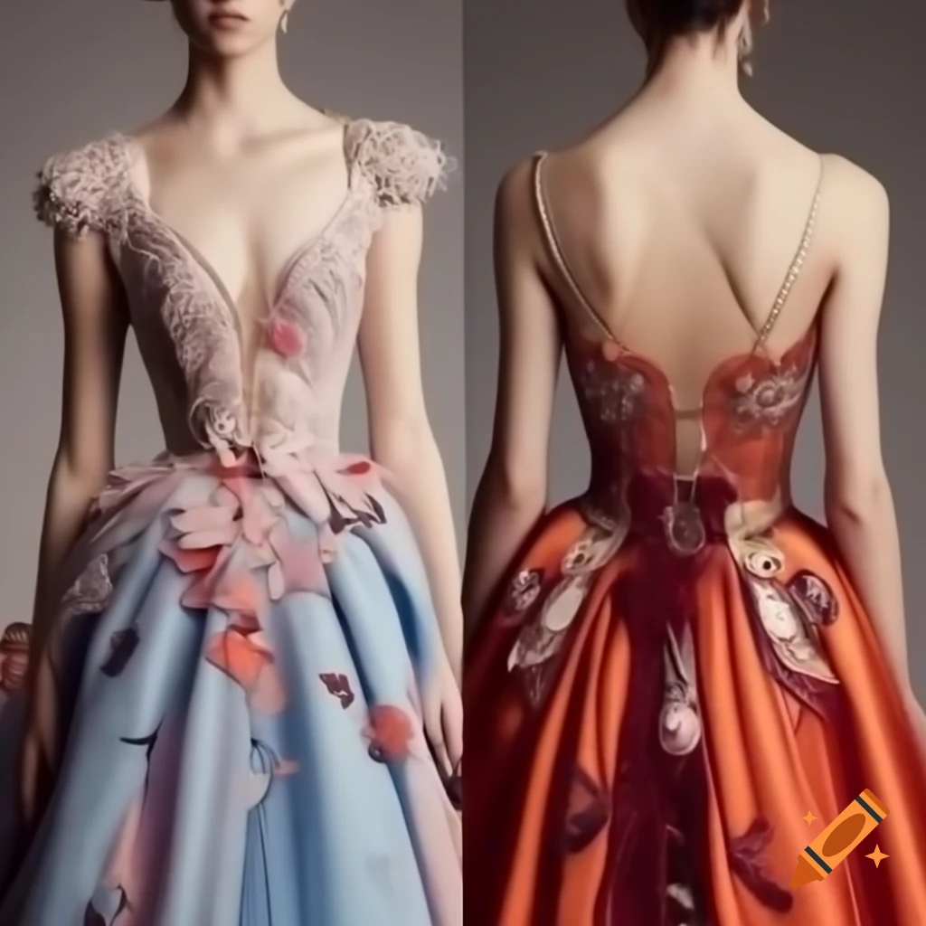 Haute couture dress with unique pattern and embroidered butterfly and flower details