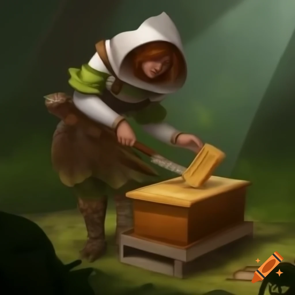 Elf beekeeper tending to beehive in fantasy art style