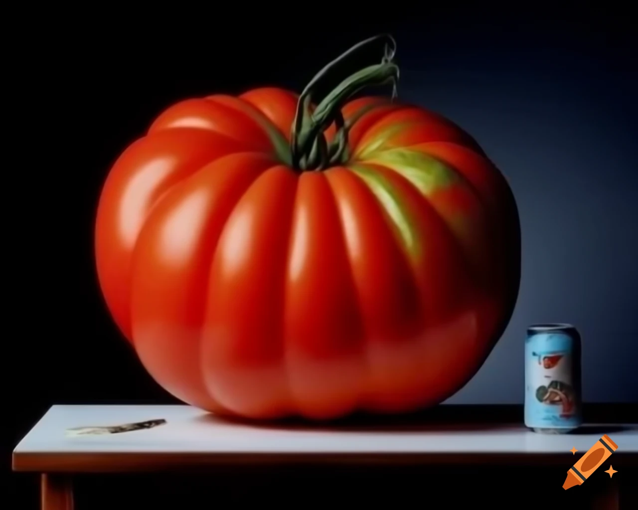 Hyper-realistic tomato sculpture in breathtaking landscape