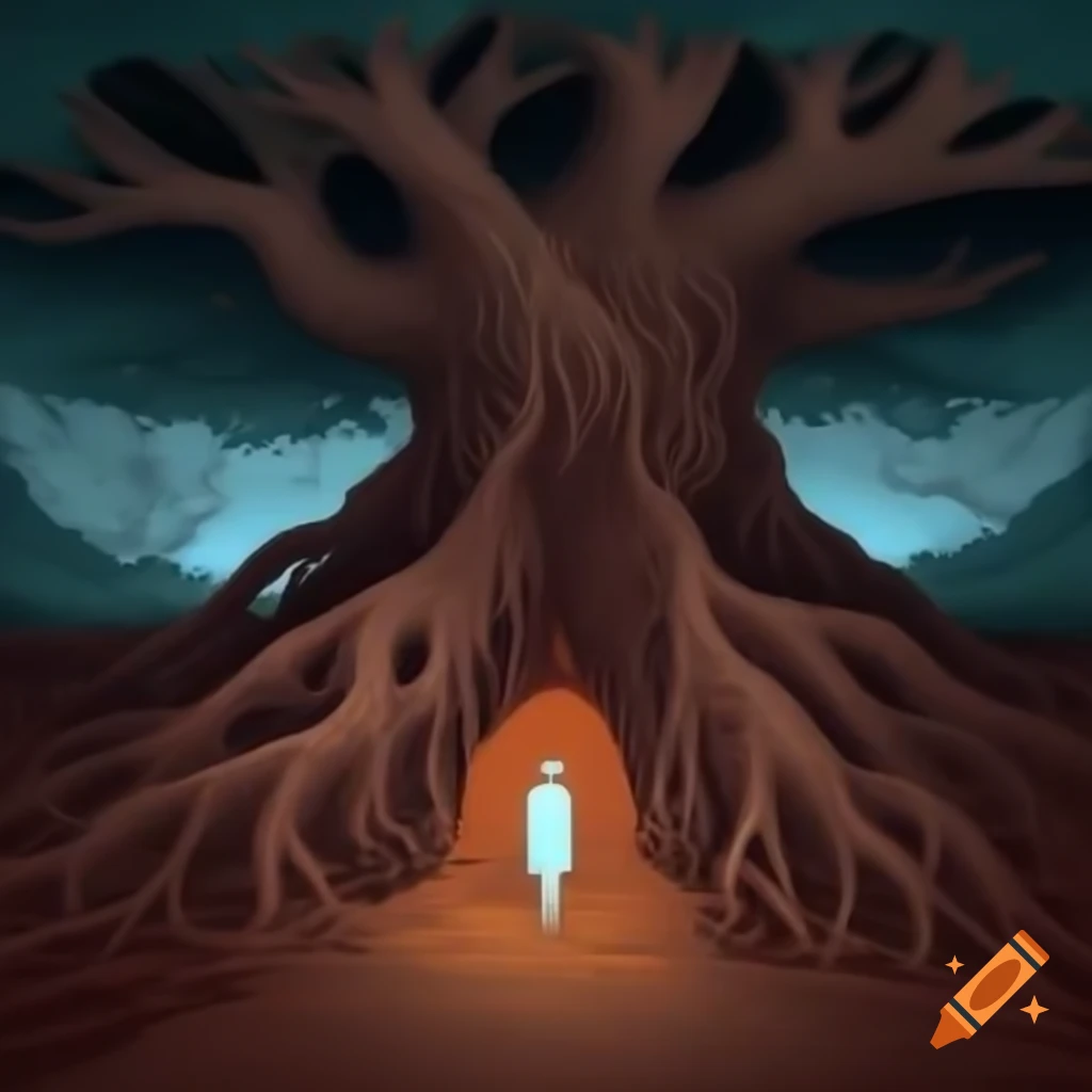 Illustration of a person's head with a tree and two paths inside their mind
