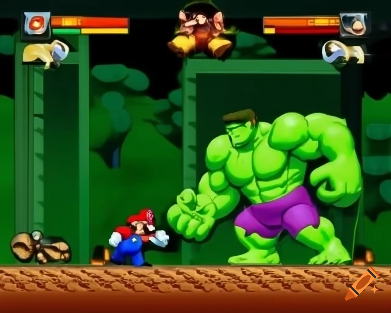 Mario Bros and Hulk in a street fighter battle scene