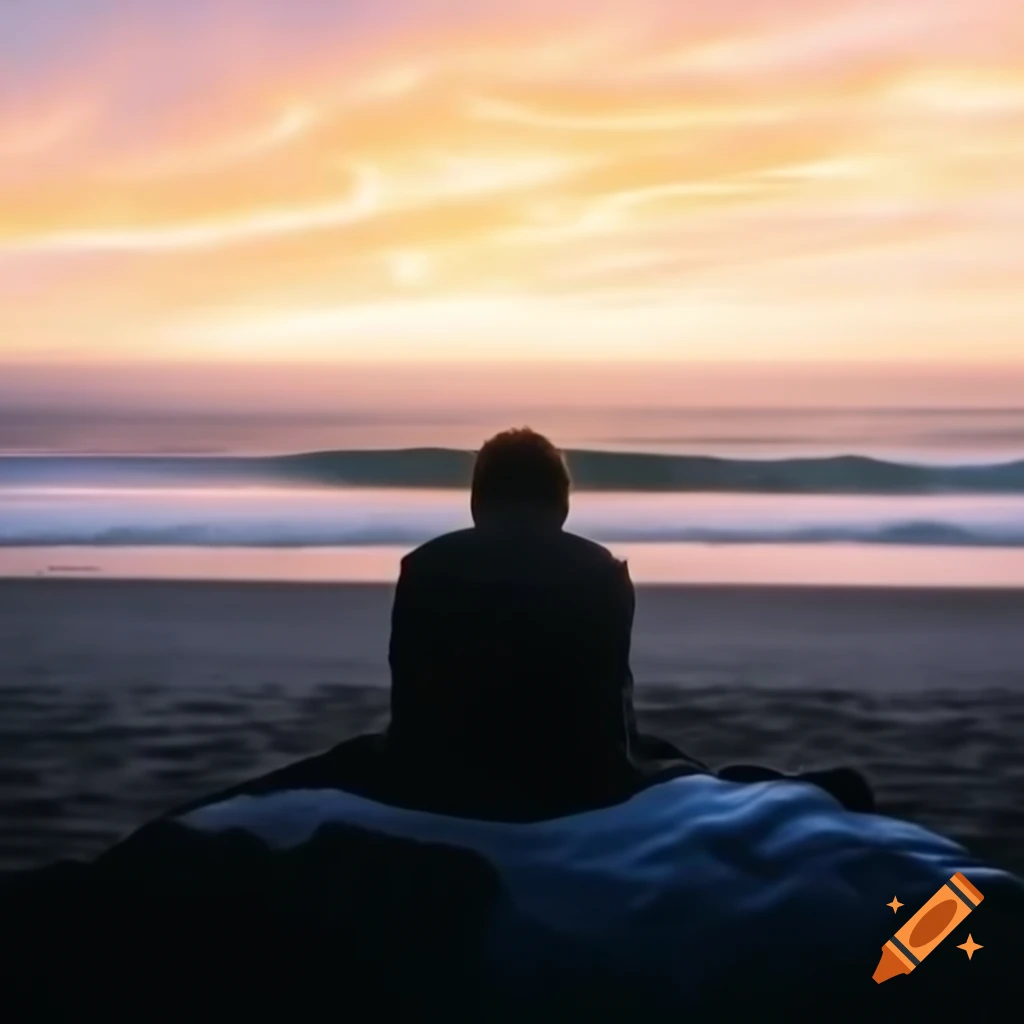 Person sitting on bed at beach during sunrise with waves
