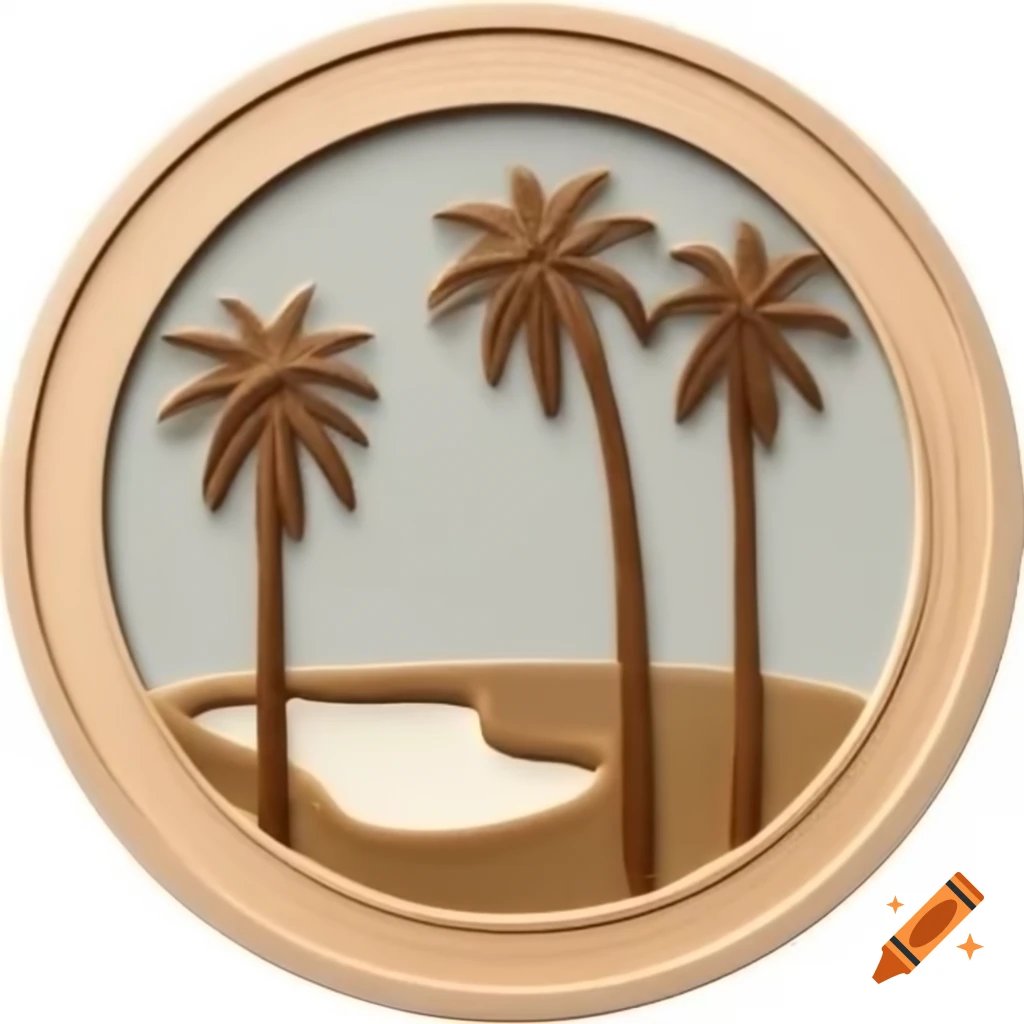 Circular wood carved coin featuring palm trees and golf theme in neutral colors