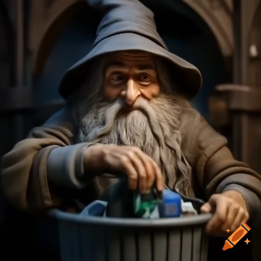 Realistic depiction of wise old wizard sitting inside a trash can