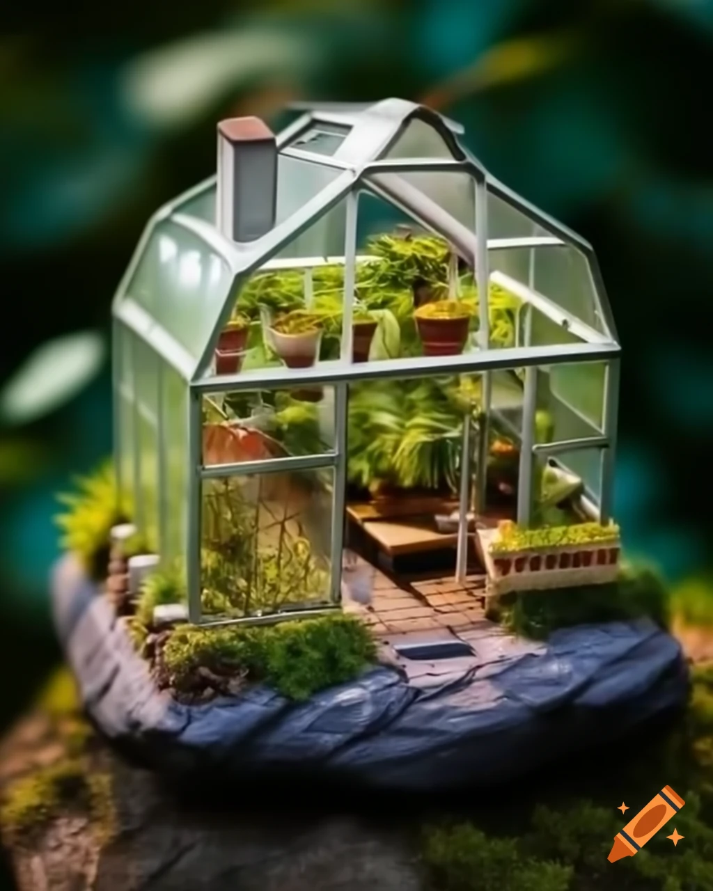 Miniature greenhouse with small plants on a rock, detailed diorama photography
