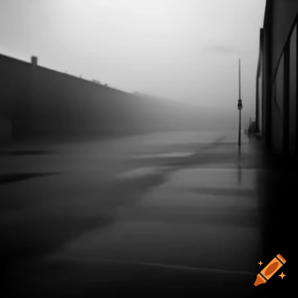 Monochrome warehouse scene with cloudy sky and rain
