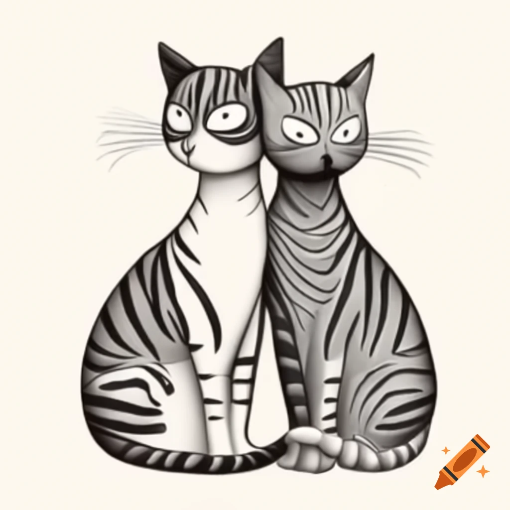 Line drawing of two hugging cats in MidJourney style