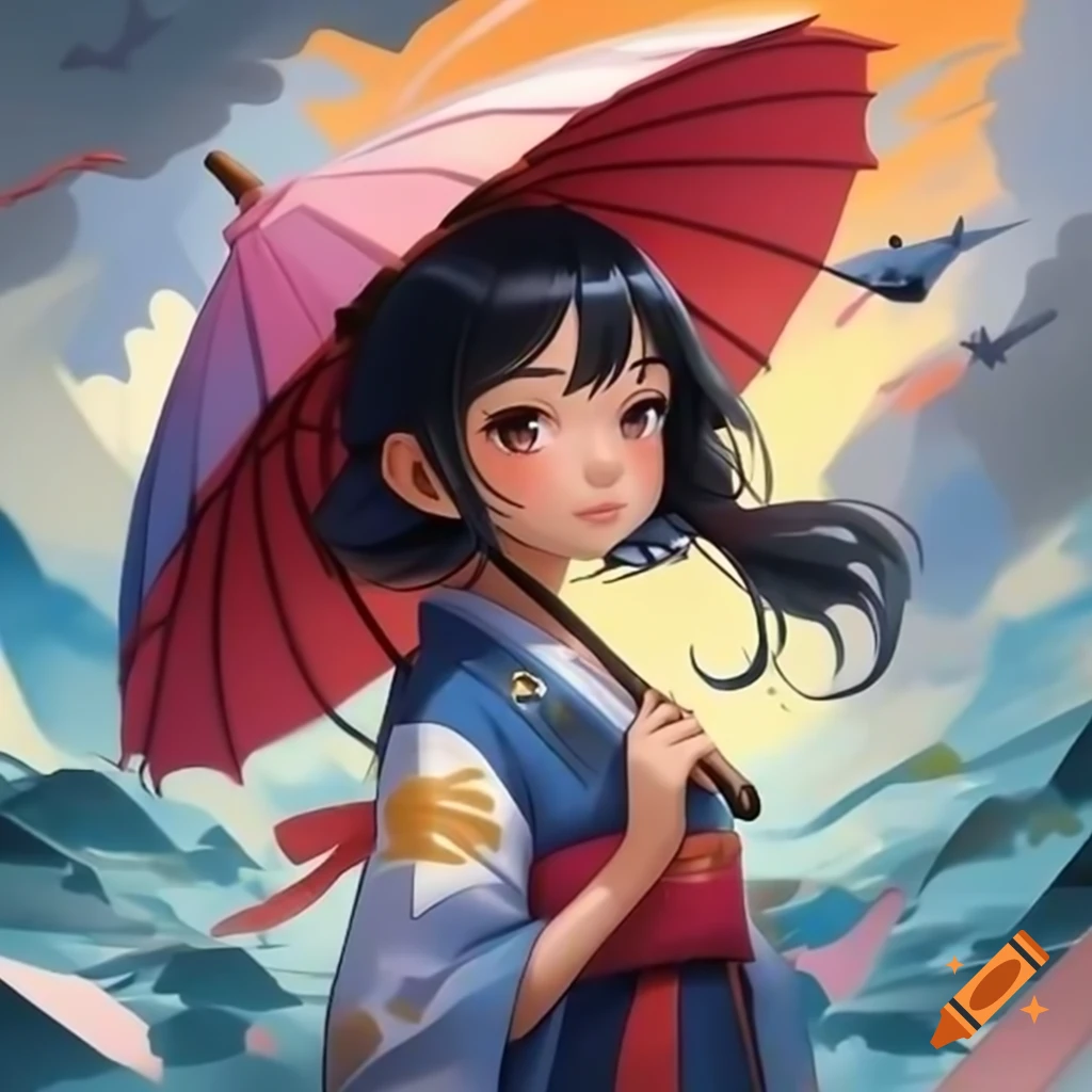 3D animated movie poster of Japanese girl with bangs and ponytail flying with umbrella