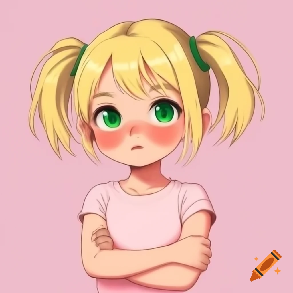 Anime girl with blonde hair and green eyes, wearing pink sleeveless shirt, arms crossed