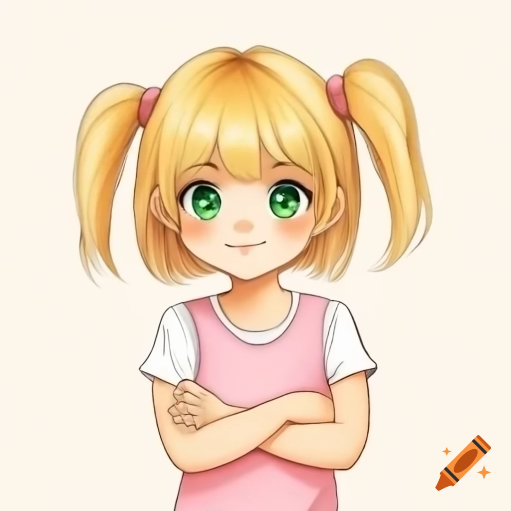 Anime girl with blonde hair and green eyes, wearing pink sleeveless shirt, arms crossed