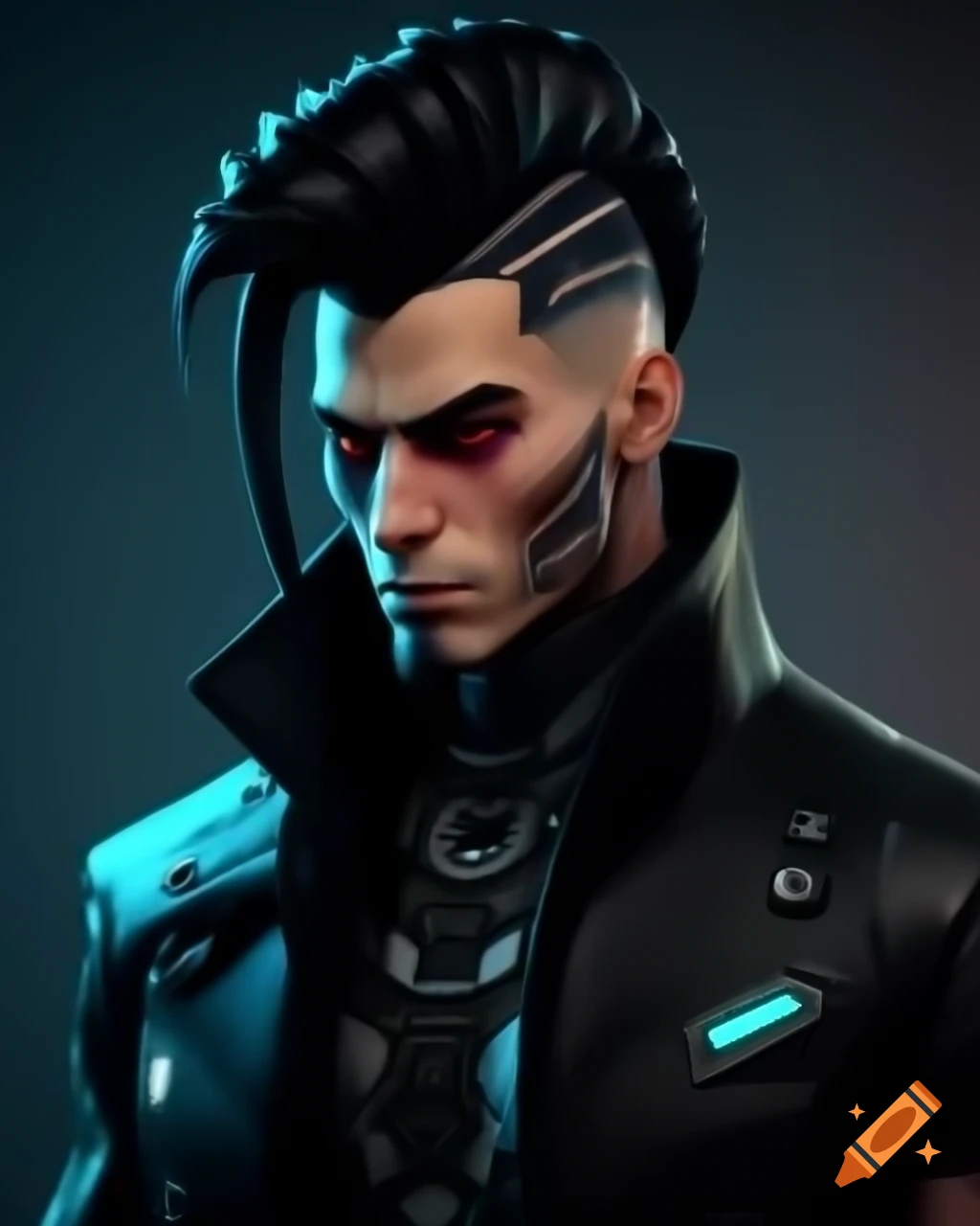 Male cyberpunk edgerunner with black mohawk and cyberwear in futuristic setting