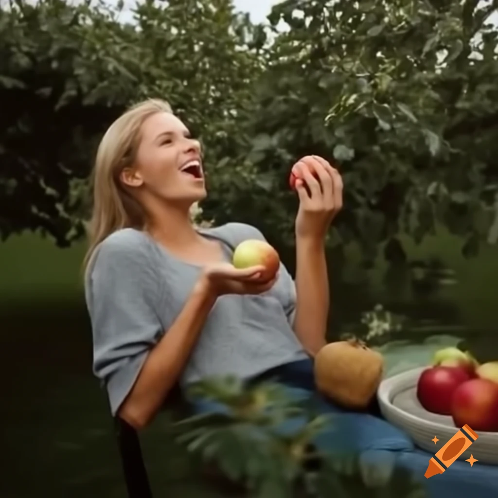 Woman in garden eating apple with a tense backdrop