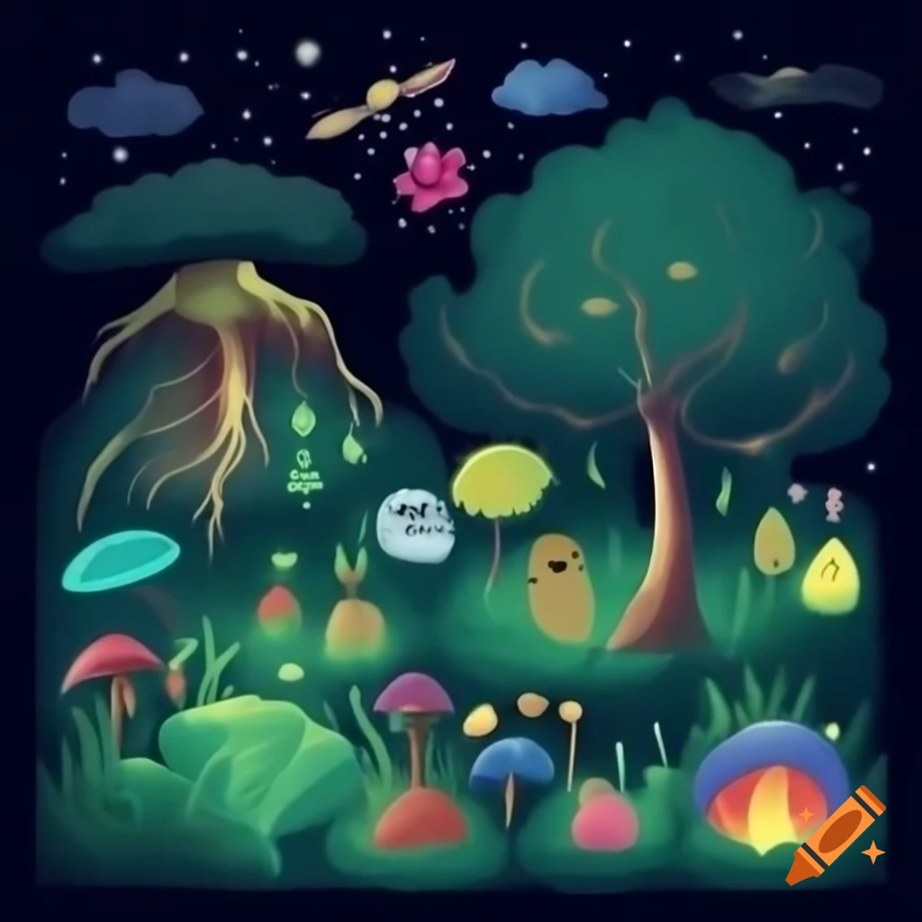 Diverse mystical trees with glowing leaves and strange fruits in an enchanted forest