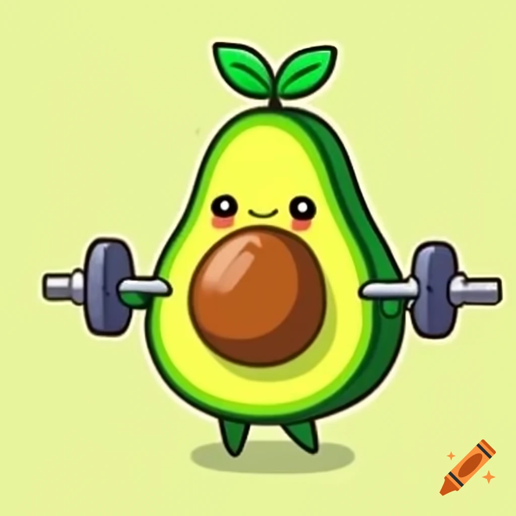 Cartoon avocado character working out with dumbbells and headband