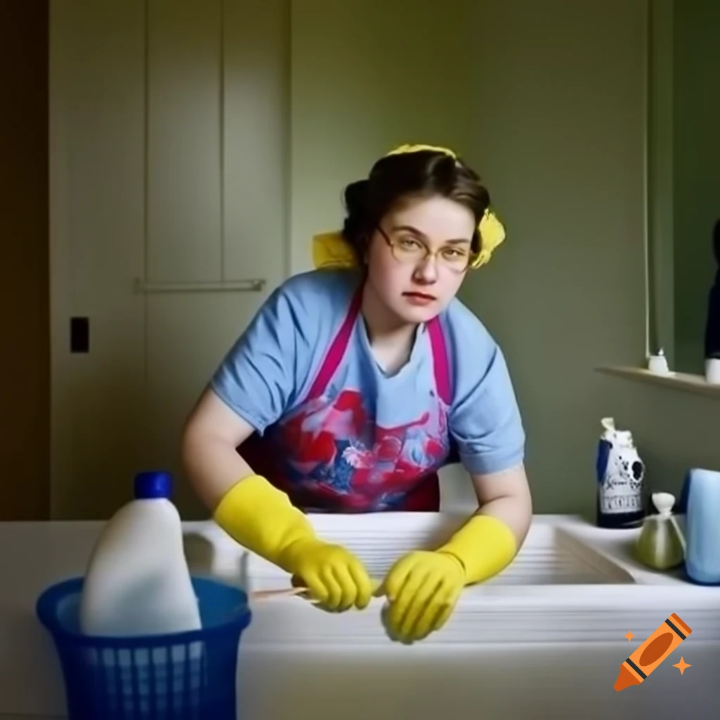 Caucasian mom in floral apron cleaning sink with sponge and detergent