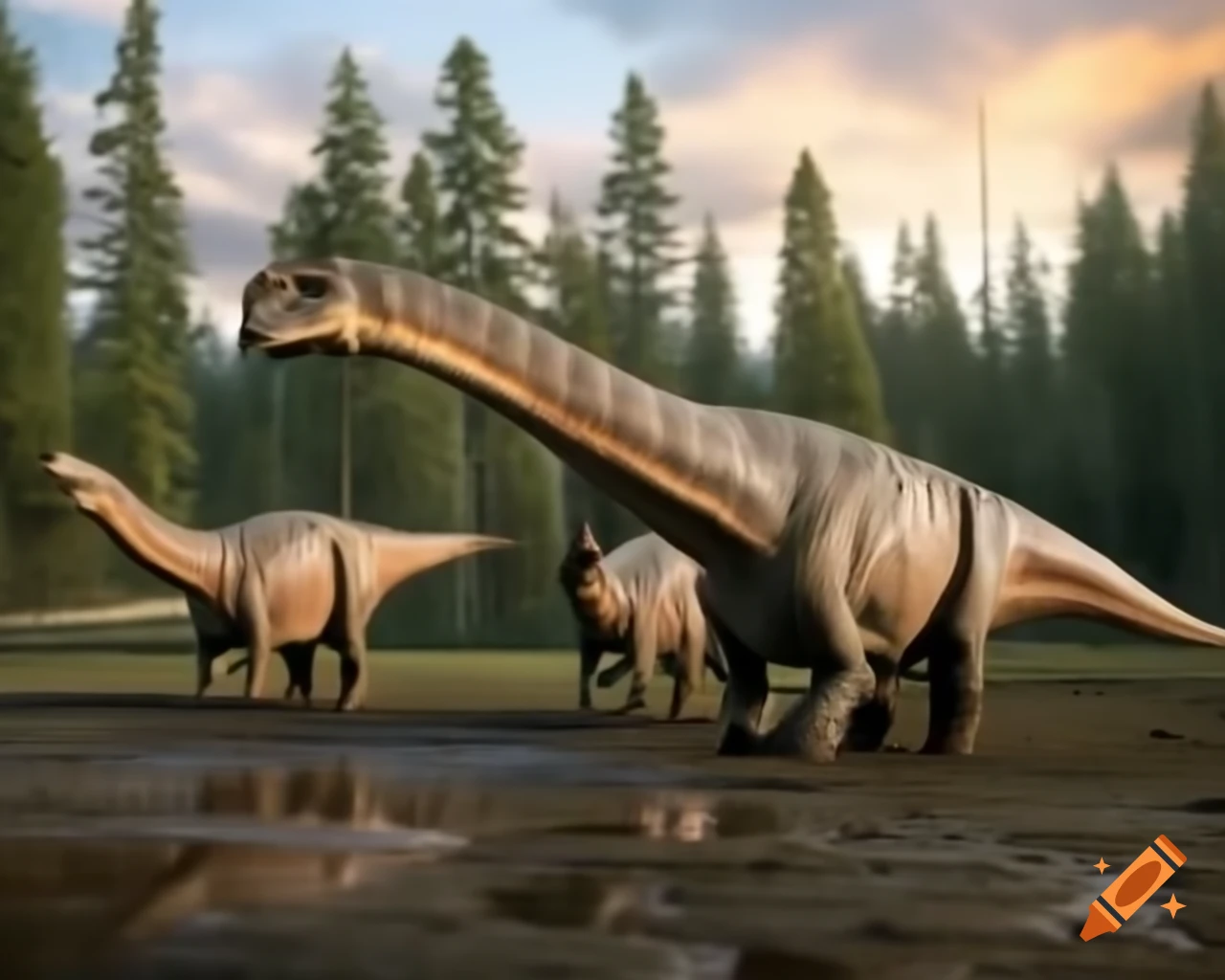 Hadrosaurus dinosaurs roaming by lake in British Columbia morning light