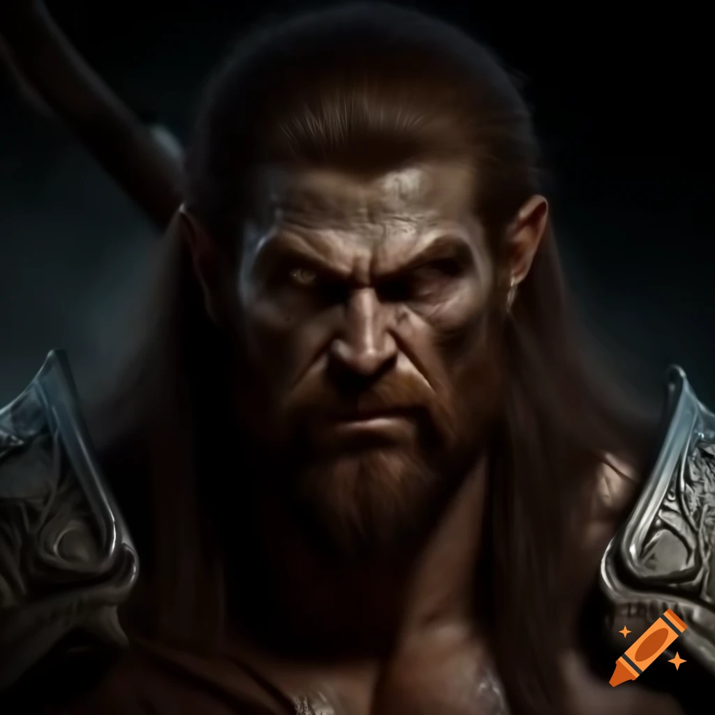 Grimdark tall barbarian male character with short brown hair