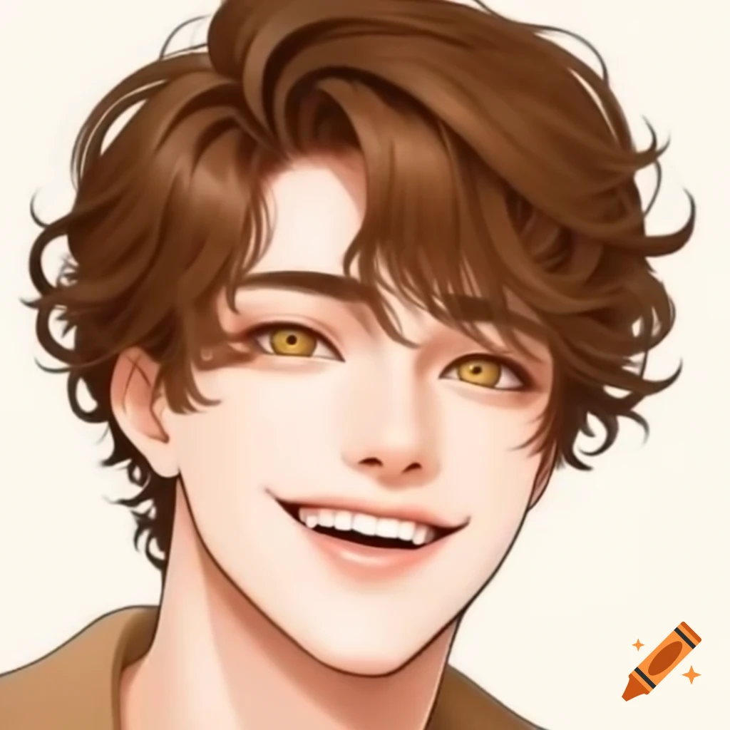 Young adult man with wavy brown hair and golden eyes