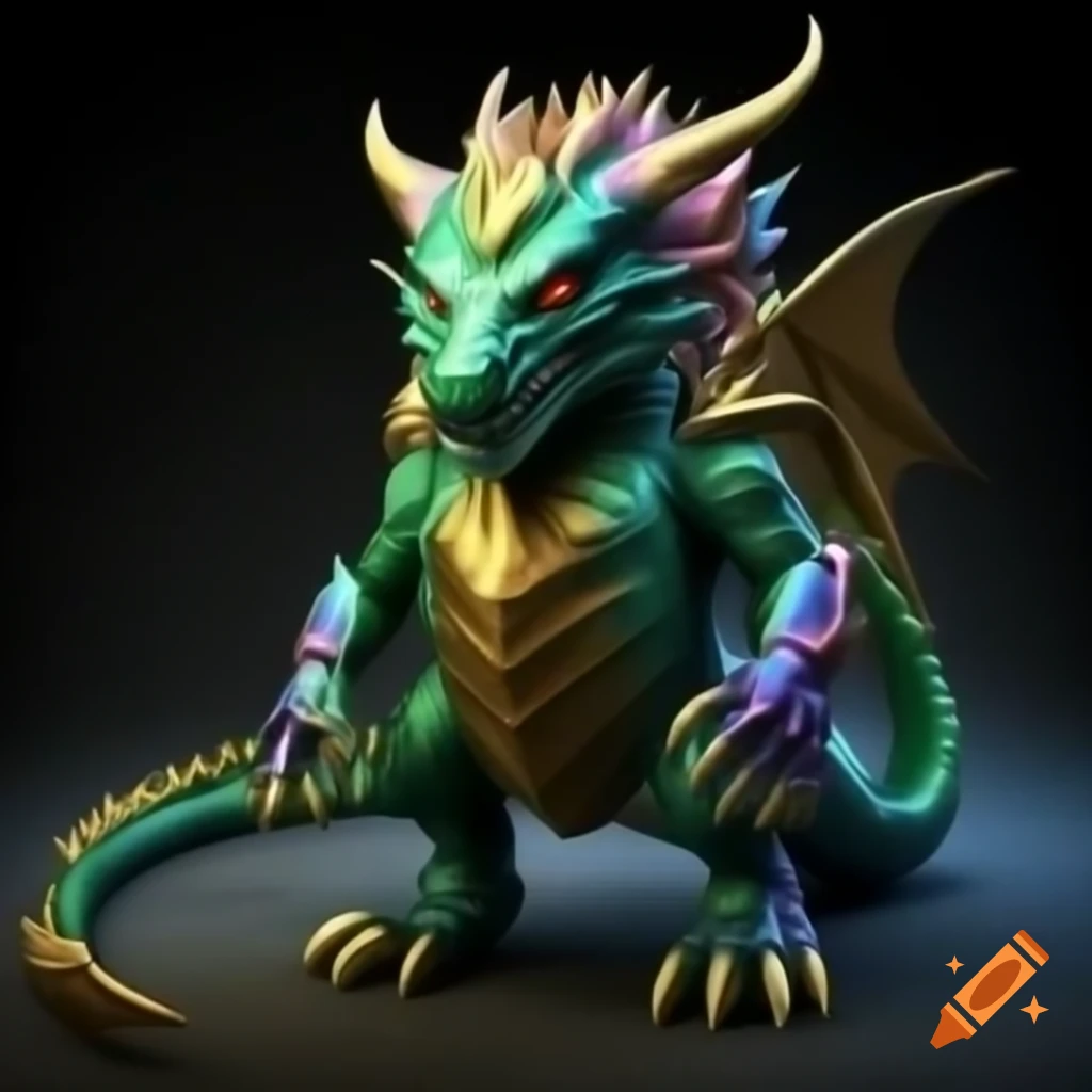 Office mascot figure resembling a dragon, made from molten metal with rainbow sheen