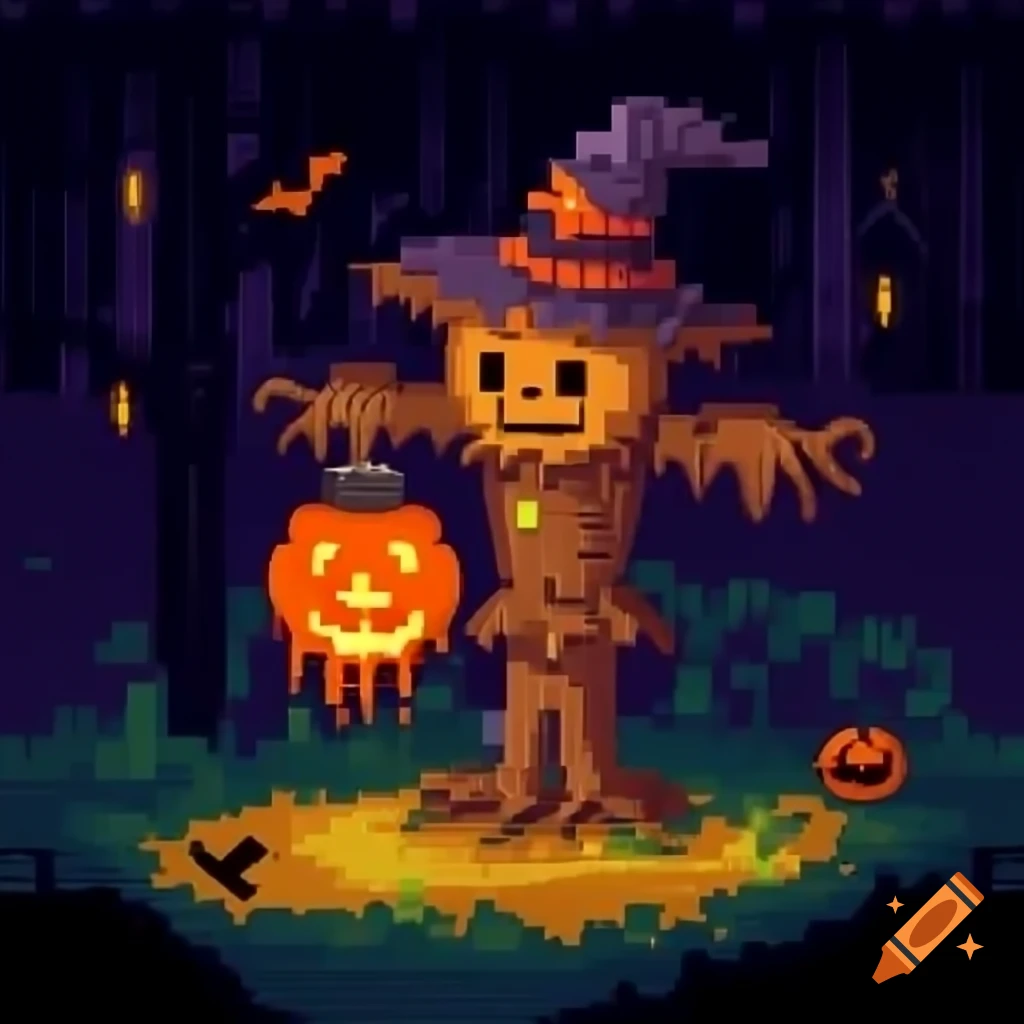 Pixel art scene featuring Jack's lamp and scarecrow for Halloween