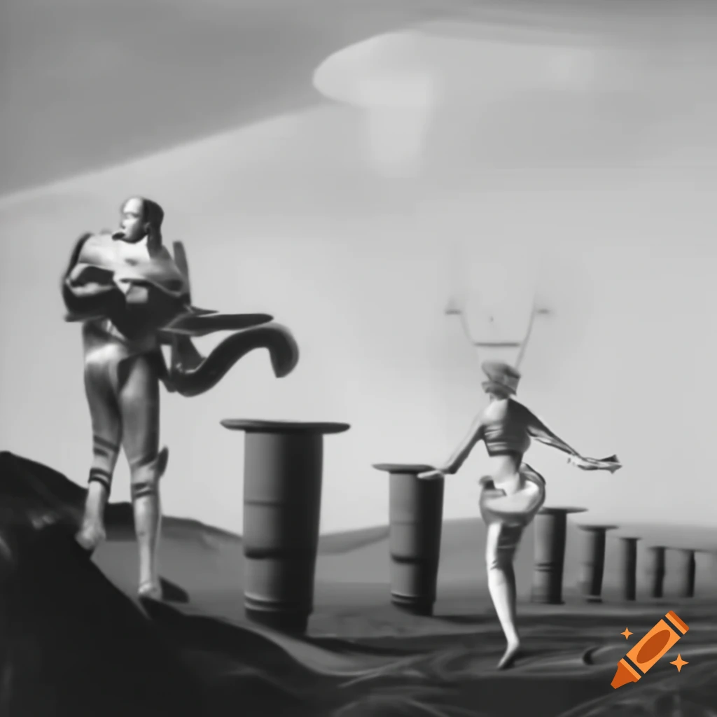 Surreal mezzotint of cyborg monster and lady in futuristic armor at dystopian landscape