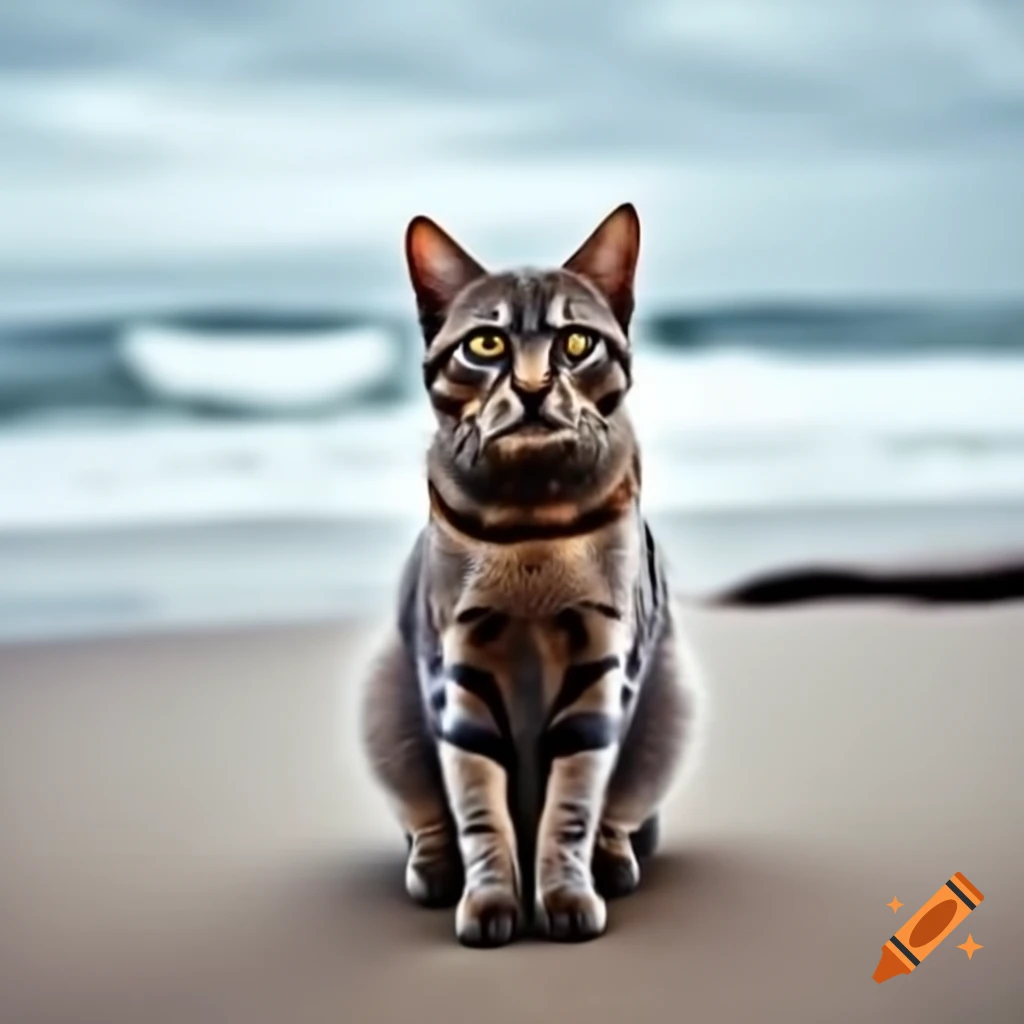 Realistic cat sitting on a beach