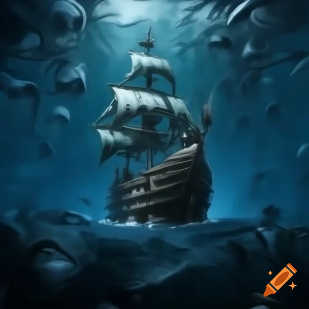 Pirate ship sailing in dark seas surrounded by phantoms and ghosts